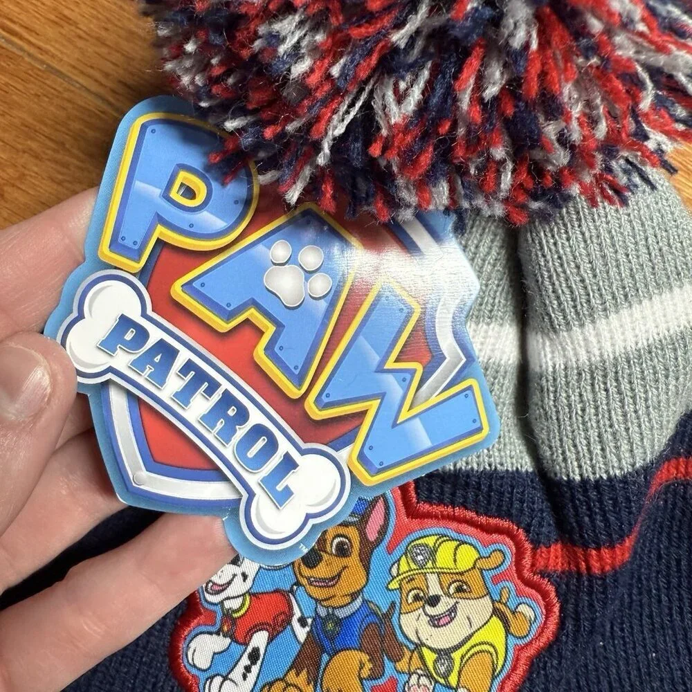 NWT Paw Patrol Pom Beanie & Mittens Set Navy Red Kids One Size